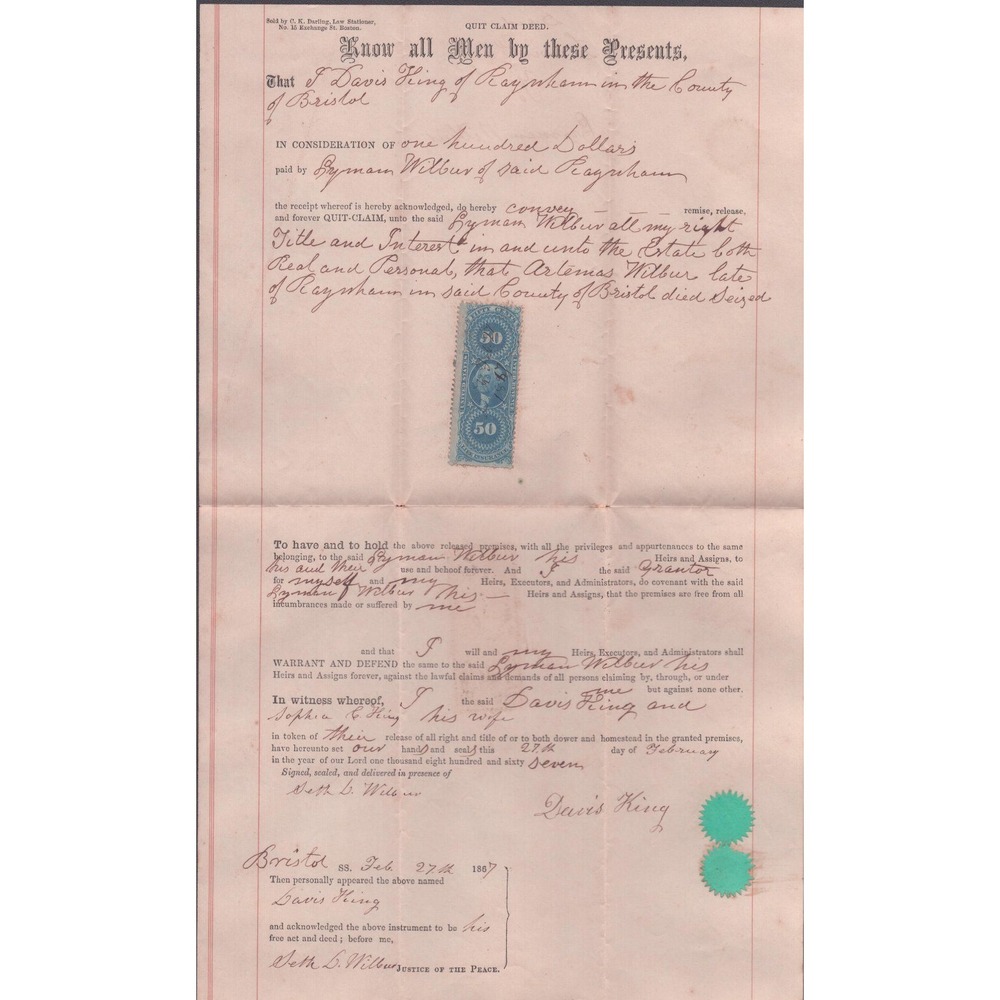 Antique 1867 Raynham MA Quit Claim Deed Davis King Lyman Wilbur Revenue Stamps